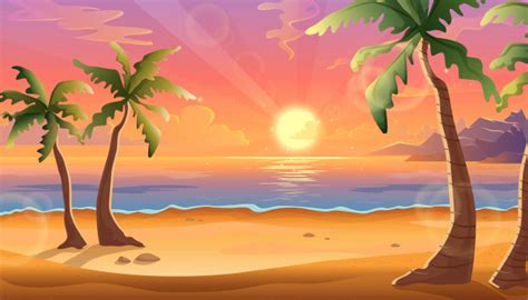 Cartoon Illustration Of Ocean Landscape In Sunset Or