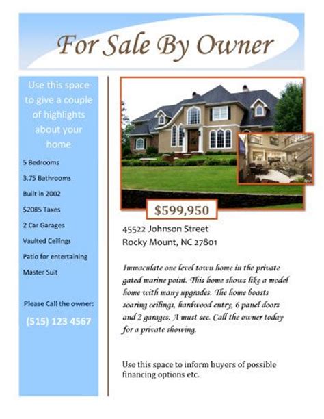 Encourage a buyer to view with large photos and a detailed description. For Sale by Owner - Free Flyer Template by Hloom.com ...