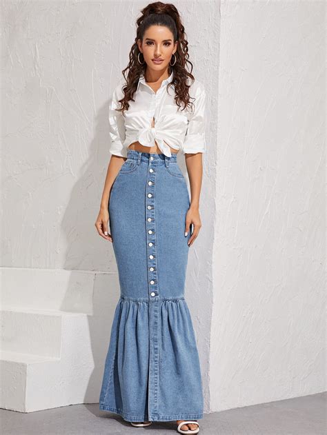 Button Up Denim Mermaid Maxi Skirt Shein Uk Skirt Fashion Skirt