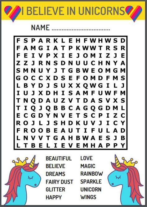 Calling All Unicorn Fans Grab This Free Printable Word Search With 12