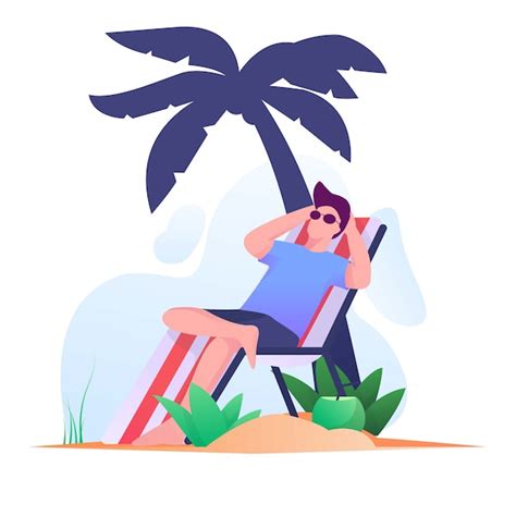 Ein Sonnenbad Nehmende Männer Auf Der Flachen Illustration Des Strandes Premium Vektor