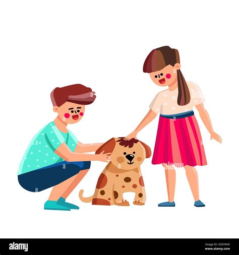 Boy And Girl Kids Petting Dog Together Vector Stock Vector Image And Art