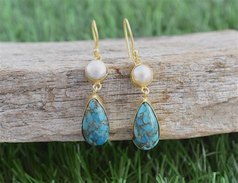 Copper Turquoise Earrings Oyster Turquoise Earringsturquoise Etsy