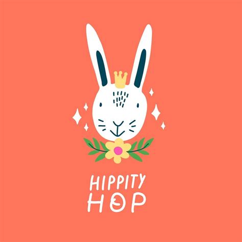 Happy Easter Greeting Card With Cute Rabbit And Flowers Hippity Hop