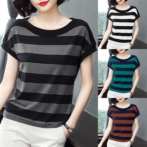 Buy Women Summer Loose T Shirt Stripes Printing Round Collar Short Sleeve Tops At Affordable