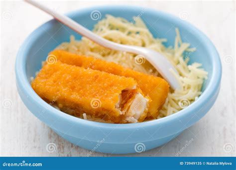 Fish Sticks With Pasta In Blue Bowl Stock Image Image Of Health