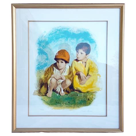 Two Children Framed And Signed Lithograph 33250 By Sandu Liberman For