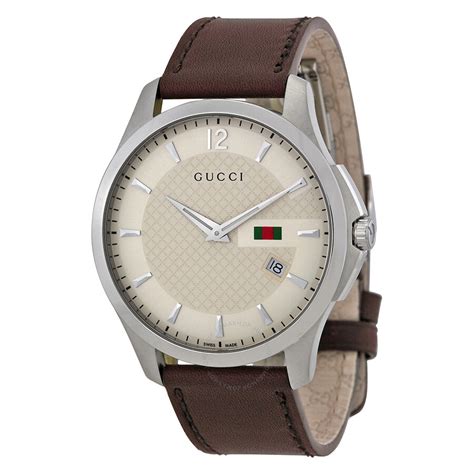 Gucci G Timeless Ivory Dial Brown Leather Strap Mens Watch Ya126303