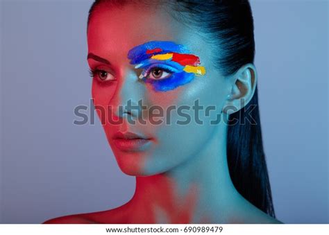 Fashion Model Woman Colored Face Painted Stock Photo 690989479