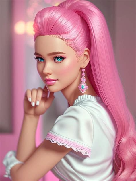 a barbie doll with pink hair is posing for the camera in her room