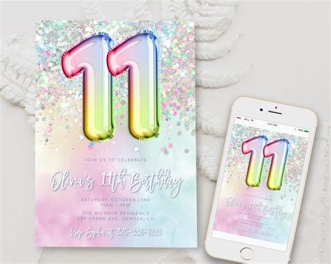 Editable 11th Birthday Invitation Template Rainbow Glitter Etsy Australia