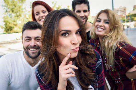 Group Of Friends Taking Selfie In Urban Background Stock Image Image Of Outside Leisure 86039145