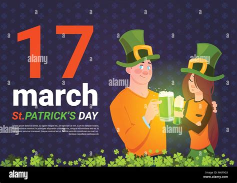 Saint Patrick Day Template Background With Man And Woman In Green Hats Holding Glass Of Beer