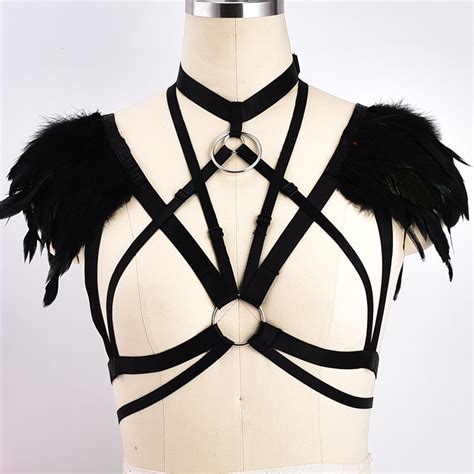 Gothic Feather Wings Body Harness Epaulettes Bra Bondage Shoulder Burningman Pole Dance Rave