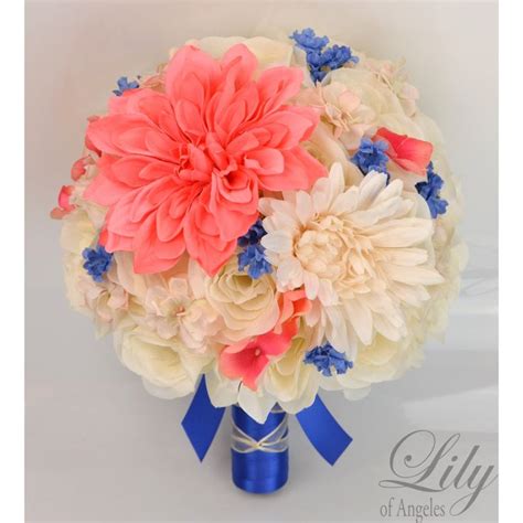 Coral Royal Blue Peach Ivory Silk Flower Wedding Bouquet Wedding