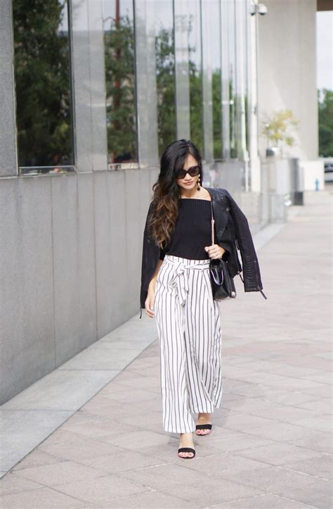 Work Wear Outfit Business Causal Outfit Striped Pants Culottes Wide
