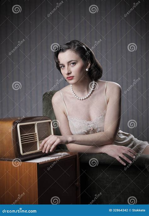 Sensual Woman Listening Music On Old Radio Stock Photo Image Of Radio Fashioned