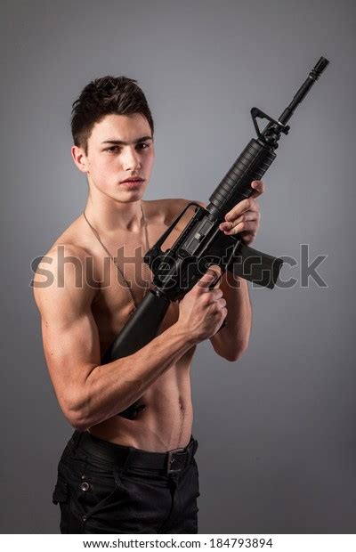 Handsome Barechested Soldier Holding Rifle On Stock Photo 184793894
