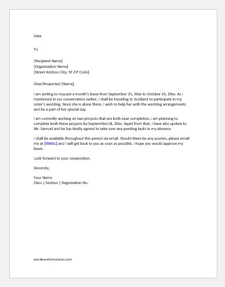 Tips and samples for leave letter. Applications for a Month's Leave for various Reasons | Word & Excel Templates