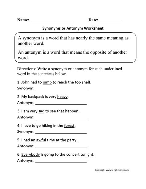 Antonyms Worksheet For Grade 3