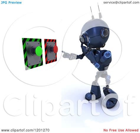 Clipart Of A 3d Blue Android Robot Deciding On Push Buttons Royalty