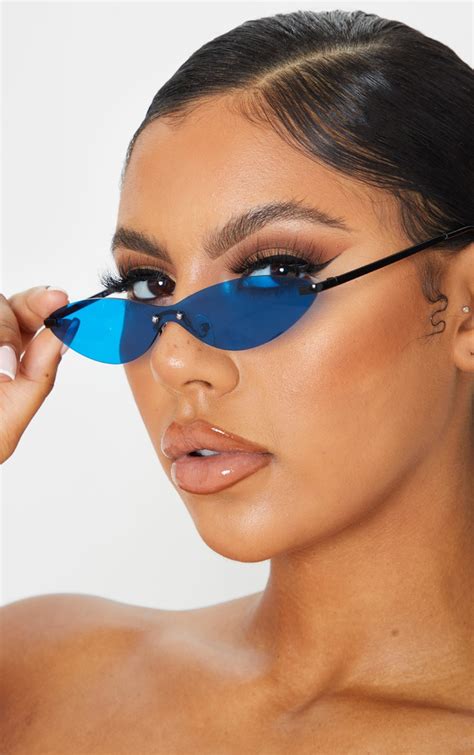 Neon Blue Tinted Frameless Slim Cat Eye Sunglasses Prettylittlething Aus