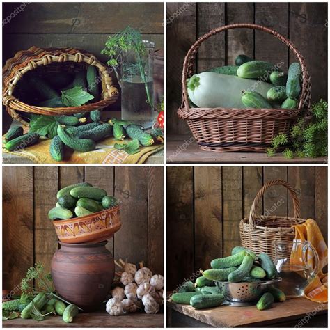 Collage De Naturaleza Muerta Con Pepinos Verduras En La Cesta