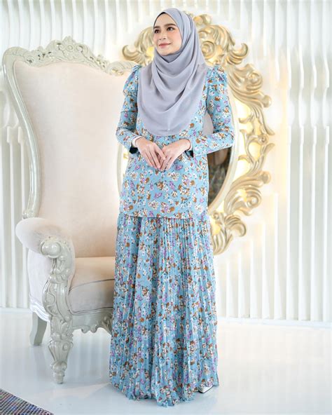 Baju Kurung Pleated Adena Cotton Blue Muslimahclothingcom