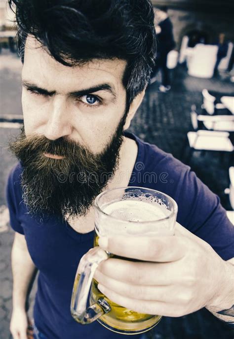 Guy Having Rest With Cold Draught Beer Man With Beard And Mustache