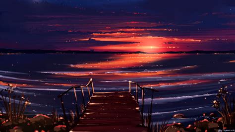 Download Wallpaper 2048x1152 Sunset Pier Shore Water Art Ultrawide