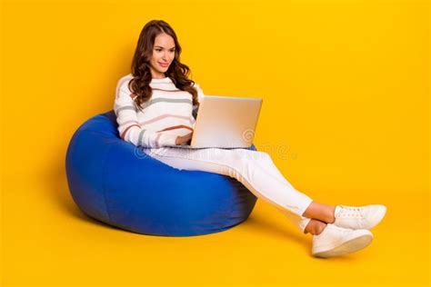Full Size Photo Of Young Interested Happy Girl Sitting Chair Working