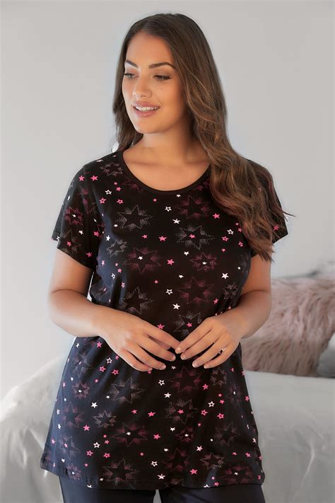 Black And Pink Star Print Pyjama Top Plus Size 16 To 36