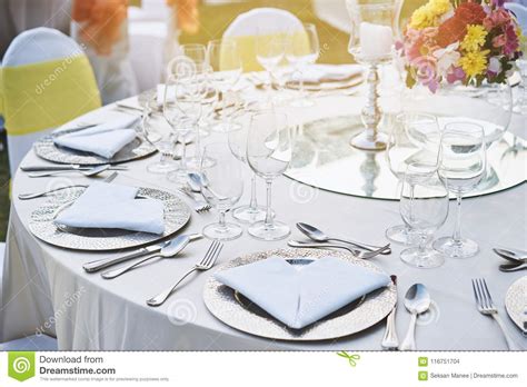 Closeup Of Wedding Reception Dinner Table Setting With Water Glasses