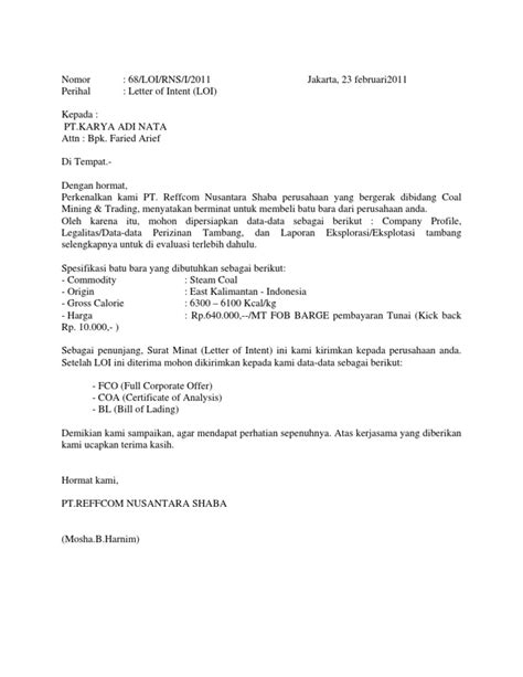 Maksud dari pengiriman surat penawaran adalah untuk meyakinkan calon pembeli sehingga akan. LOI Nusantara Shaba