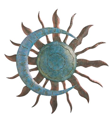 Handcrafted Blue And Copper Colored Recycled Metal Moon And Sun Wall
