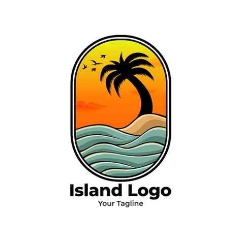 insel logo design mit kokospalmen und sonnenuntergang premium vektor