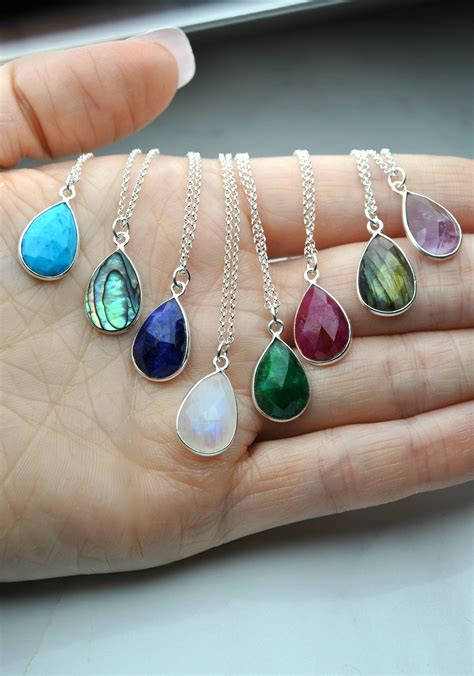 Teardrop Real Birthstone Necklace Sterling Silver Chain Choose Etsy