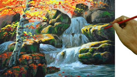 How To Paint Landscape With Autumn Birch Tree With Waterfalls In