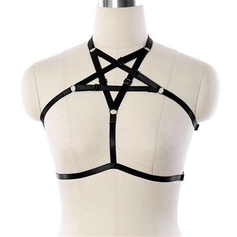 chest pentagram harness top black halter bra elastic straps cage harness lingerie costume women