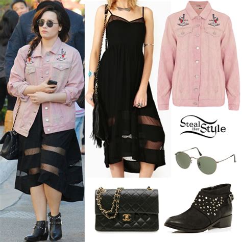 demi lovato black dress pink denim jacket steal her style