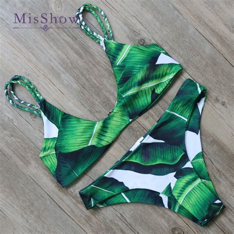Misshow Women Forest Green Leaves Print Padded Bikini Set Swimwear