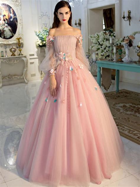 Long Sleeve Prom Dresses Pearl Pink Ball Gown Long Floral Fairy Prom Dress On Storenvy