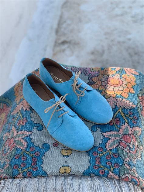 Sky Blue Oxford Shoes Suede Leather Flats Lady Office Oxford Style