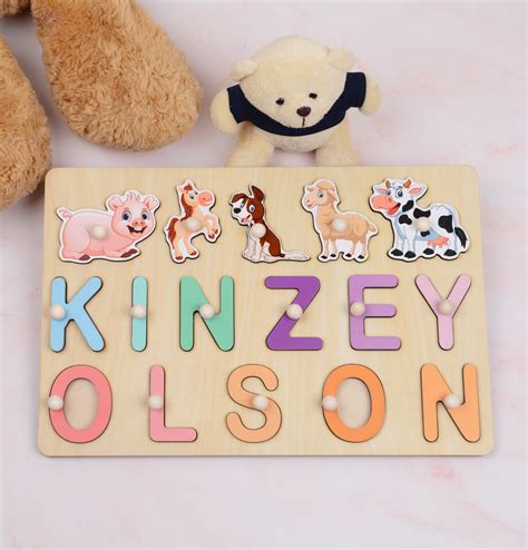 Custom Wooden Name Puzzle With Pegs And Animals 1st Birthday Etsy