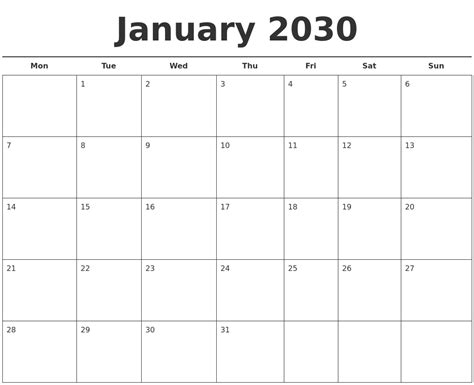 January 2030 Free Calendar Template