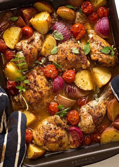Heat olive oil in a large pot on medium heat, then add chicken, season with salt and pepper, and sauté for 8 minutes. Mediterranean Baked Chicken Dinner | RecipeTin Eats