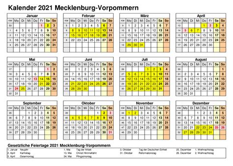 Jahreskalender 2021 mit feiertagen und kalenderwochen (kw) in 19 varianten, a4 die kalender sind skalierbar und können auch in anderen grössen ausgedruckt werden (z. Kalender Mecklenburg-Vorpommern 2021 Zum Ausdrucken | The ...