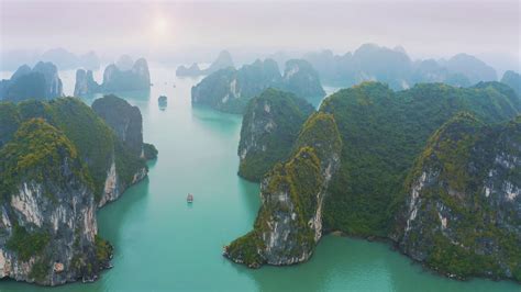 Vietnam Ha Long Bay Ocean Drone Dramatic Aerial Establishing Beautiful
