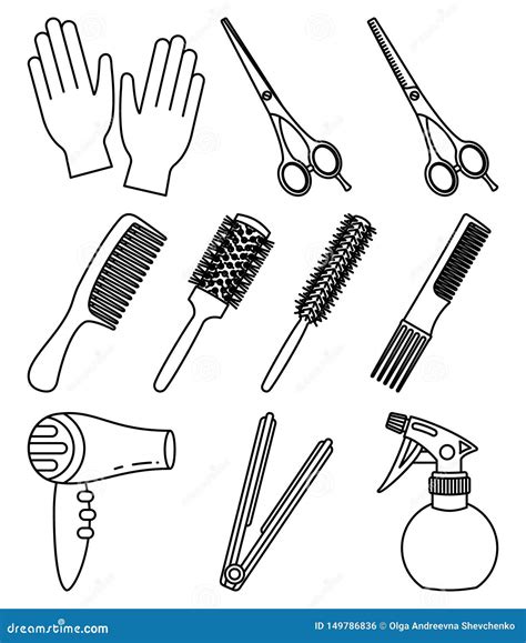 10 Line Art Black And White Hairdresser Tools Stock Vector Illustration Of Present Barber