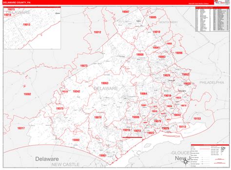 Delaware County PA Zip Code Wall Map Red Line Style By MarketMAPS